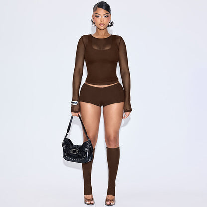 Plus Size Solid Color Mesh 4-Piece Set