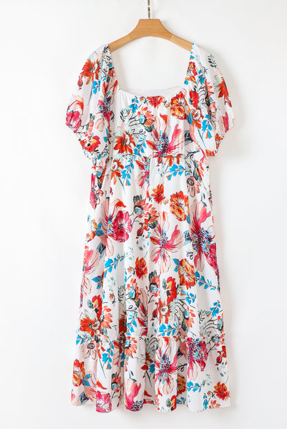 Plus Size White Floral Square Neck Puff Sleeve Midi Dress - Plus Size Clothing