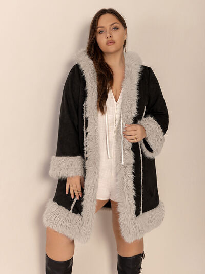 Plus Size Fuzzy Trim Open Front Hooded Coat - Plus Size XL-4XL - View 5