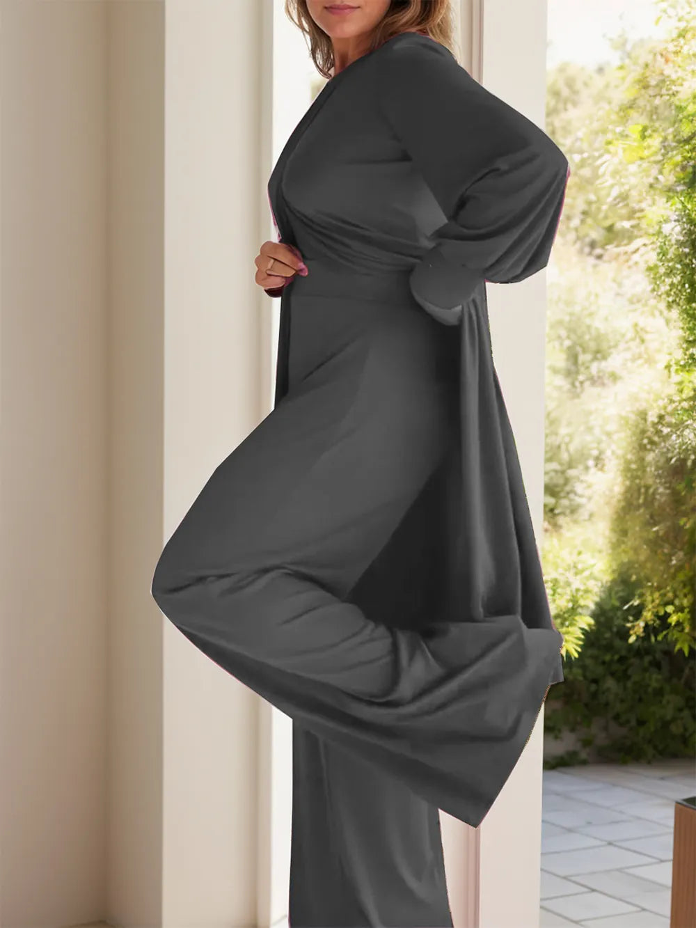 Plus Size Long Sleeve Wide Leg Pants Set