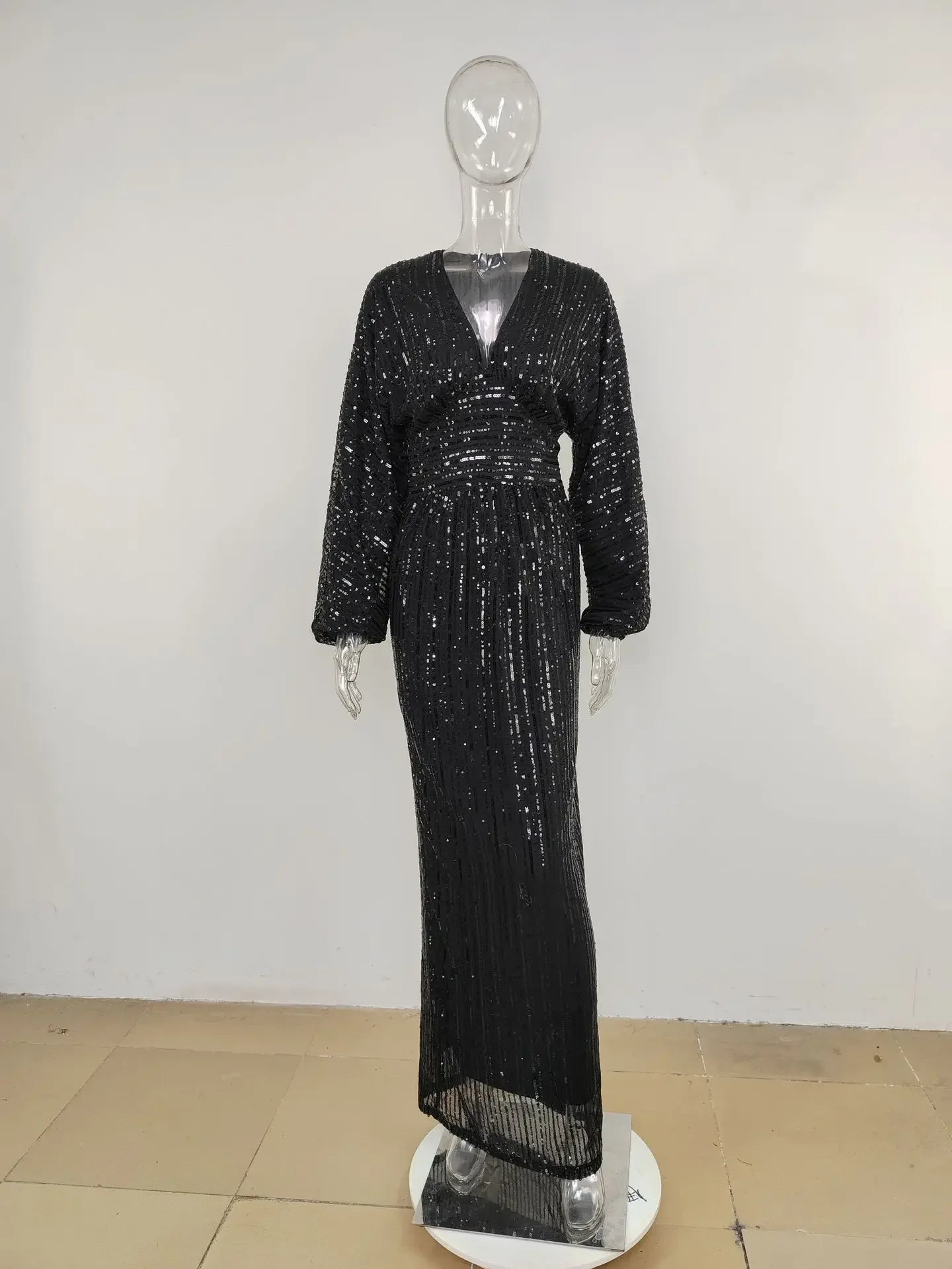 Plus Size Elegant Sequin Evening Dress Long Sleeve