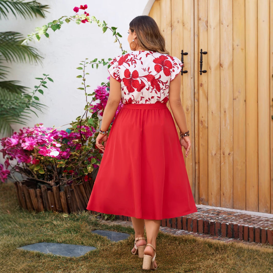 Plus Size Midi A-Line Red Dress Ruffle Sleeve