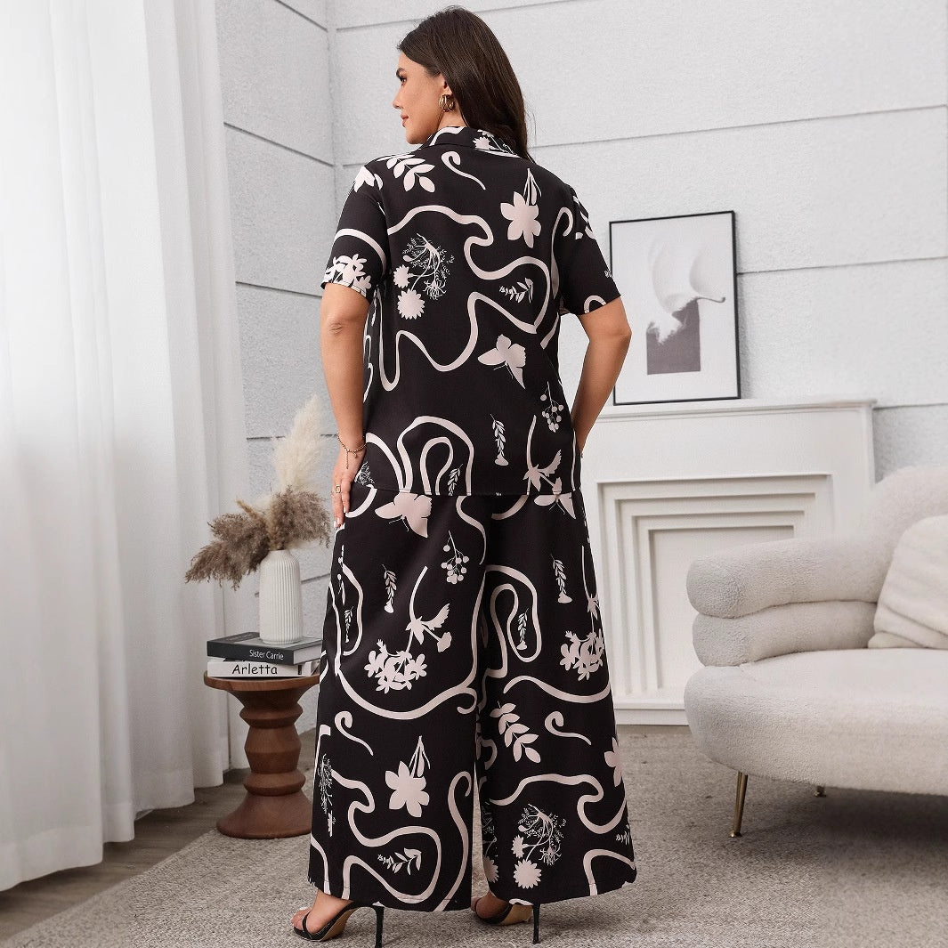 Plus Size Printed Loose Cardigan and Wide Leg Pants Set