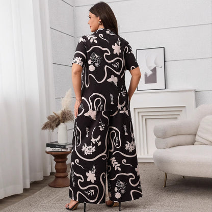 Plus Size Printed Loose Cardigan and Wide Leg Pants Set
