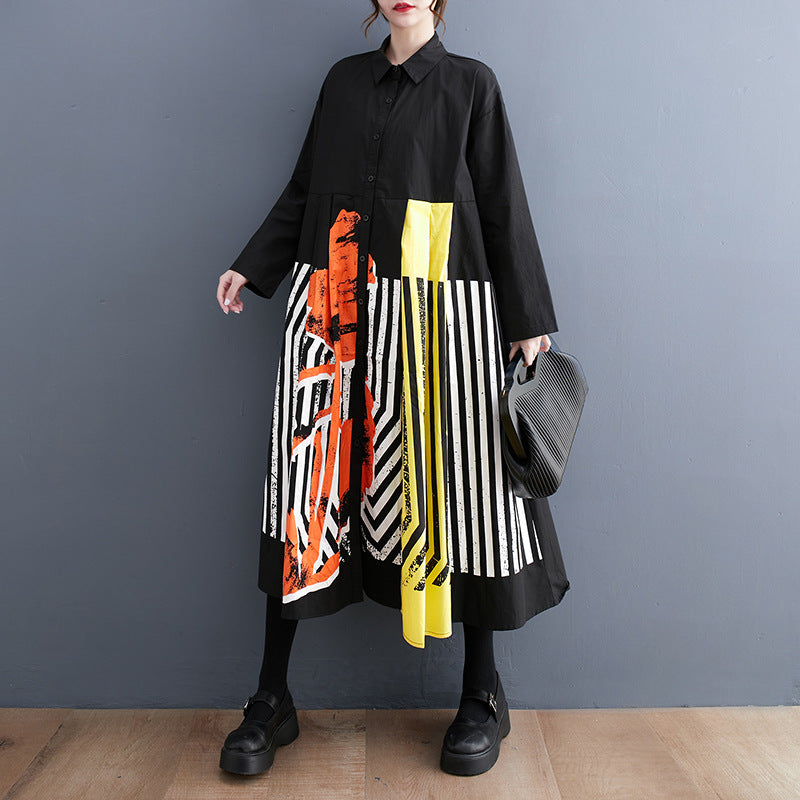 Plus Size Casual Loose Printed Patchwork Long Sleeve Dress