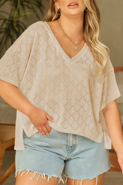 Plus Size Pointelle Rhombus Knit V-Neck Loose Top - Plus Size XL-4XL - View 7