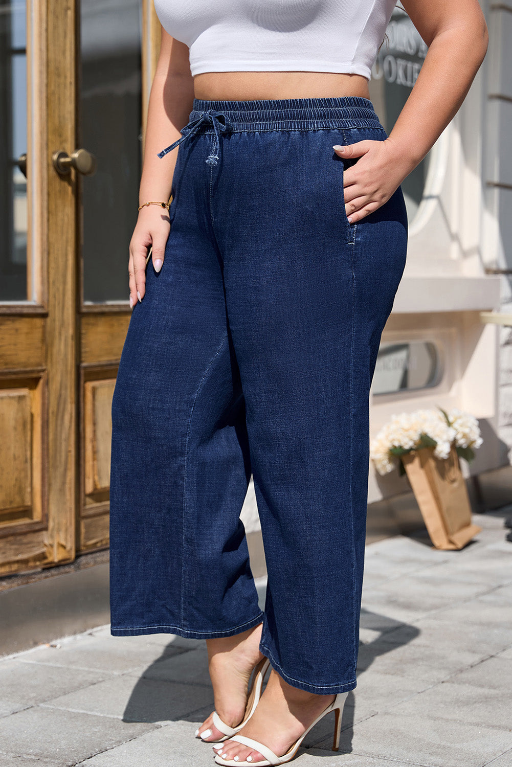 Plus Size Drawstring High Waist Wide Leg Jeans