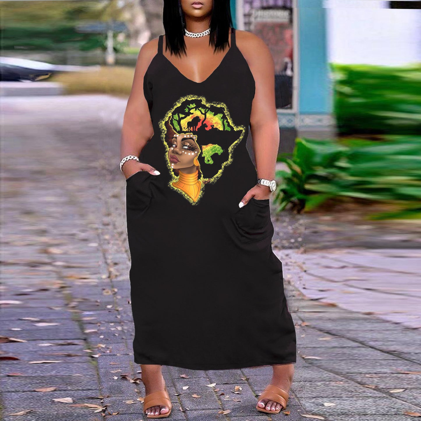 Plus Size Printed Loose Suspender Dress Outfit