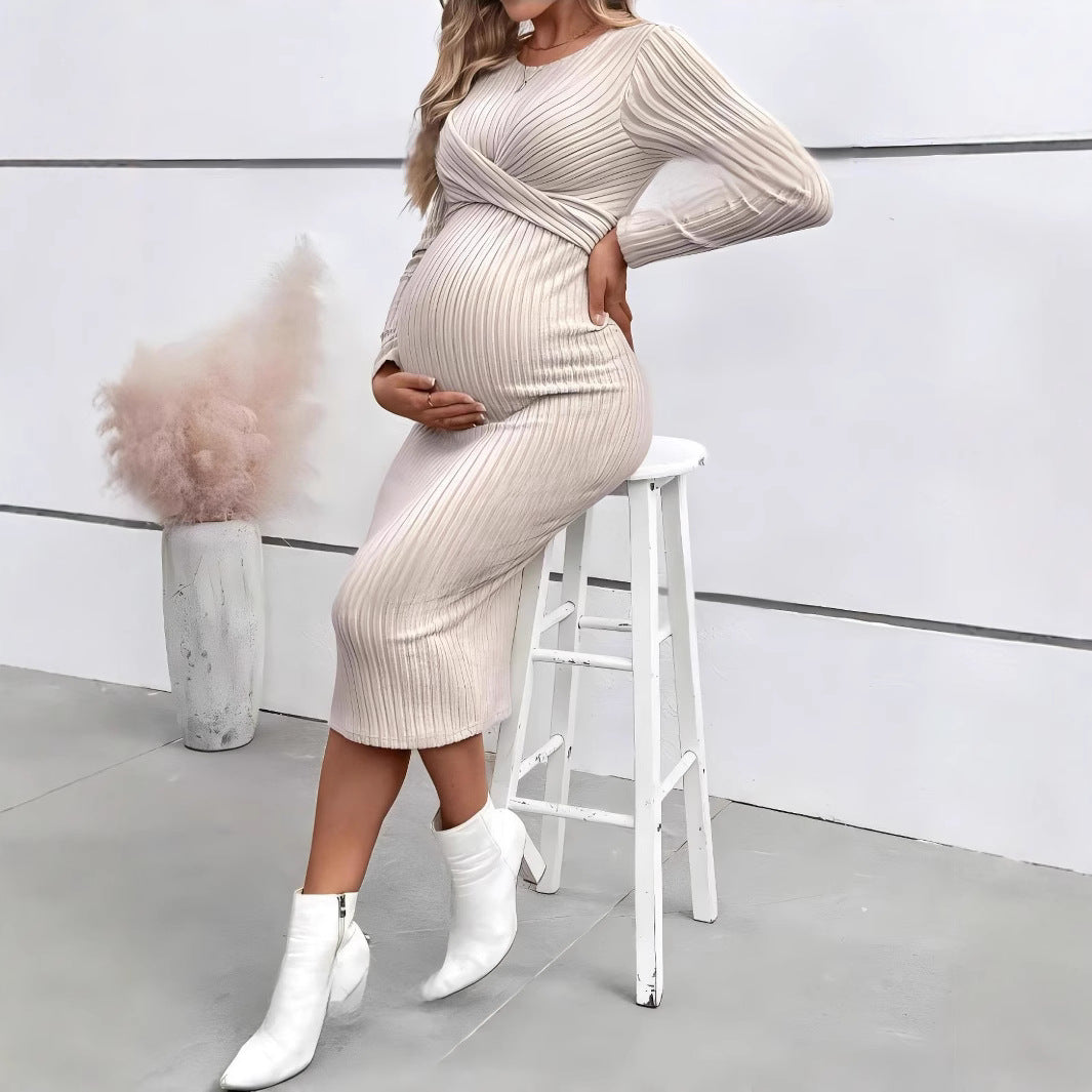 Plus Size Elegant Knot Maternity Dress Long Sleeve