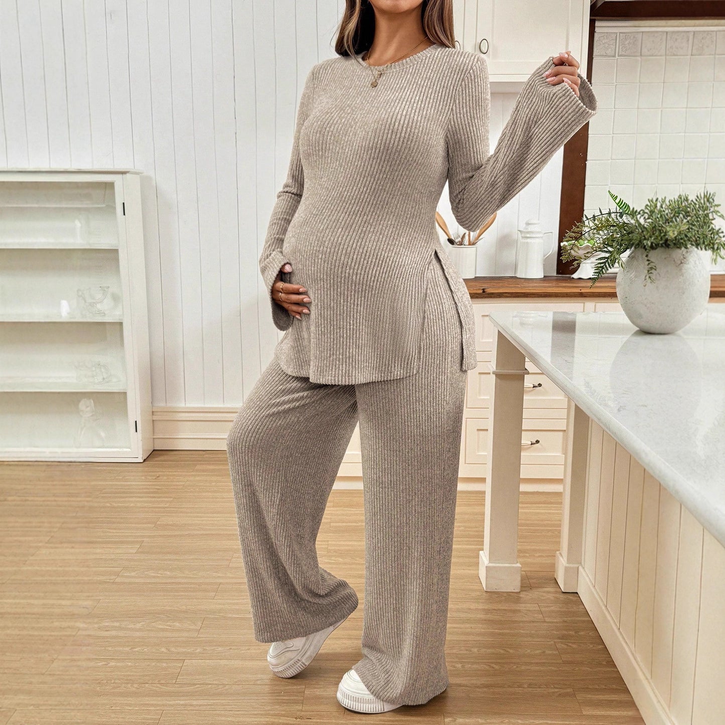Flared Sleeve Side Slit Top with Knitted Maternity Pants Adjustable Waistband - Plus Size Clothing