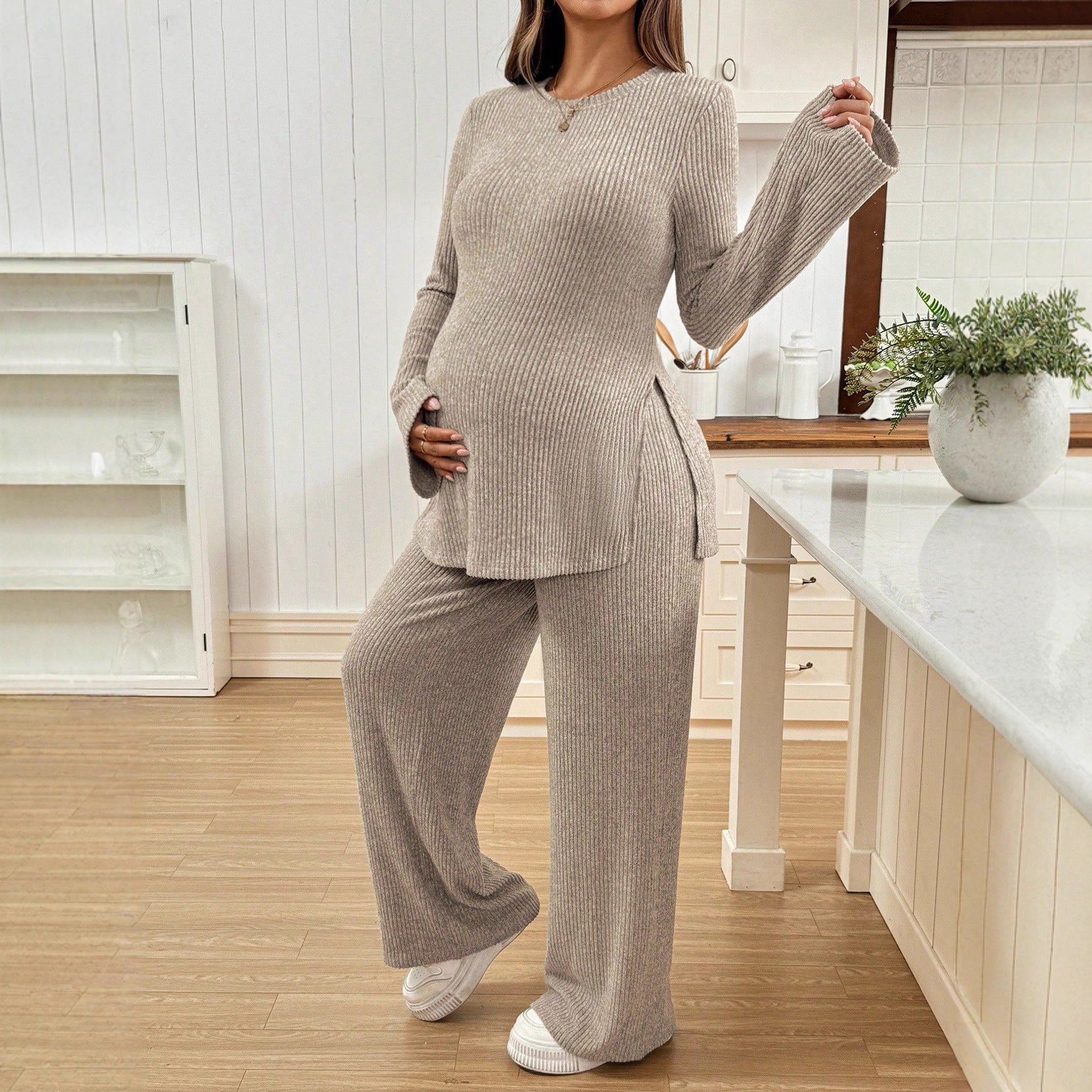 Flared Sleeve Side Slit Top with Knitted Maternity Pants Adjustable Waistband - Plus Size Clothing