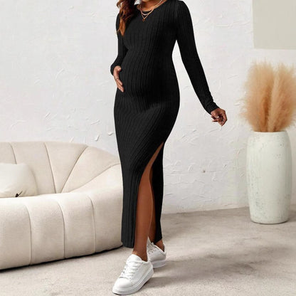 Maternity Dress with Round Neck Long Sleeve High Slit - Plus Size Clothing