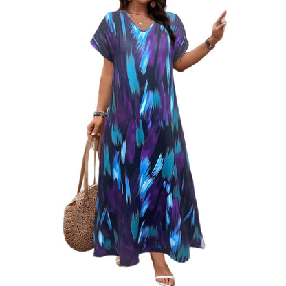 Plus Size Romantic A-Line Printed Long Dress - Plus Size Clothing