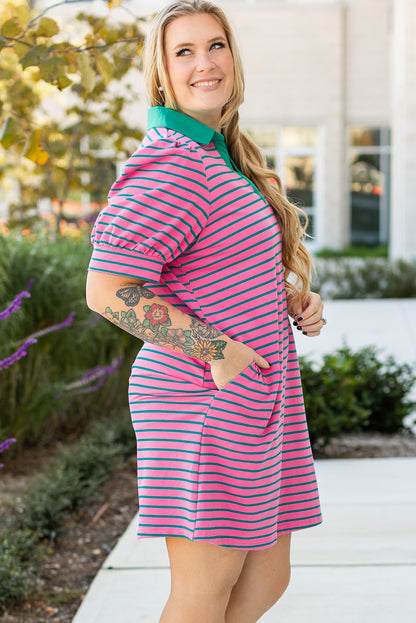 Plus Size Striped V Neck Puff Sleeve Shift Dress with Pockets - Plus Size XL-4XL - View 3