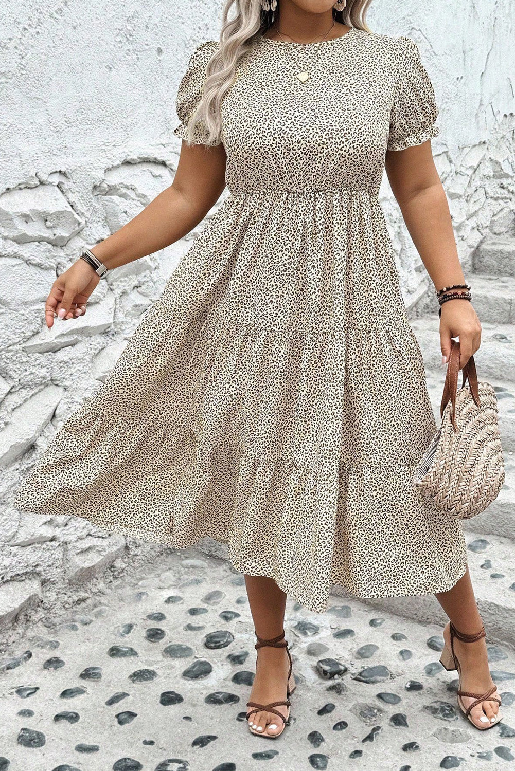 Plus Size Leopard Print Frill Trim Flared Dress - Plus Size XL-4XL - View 6