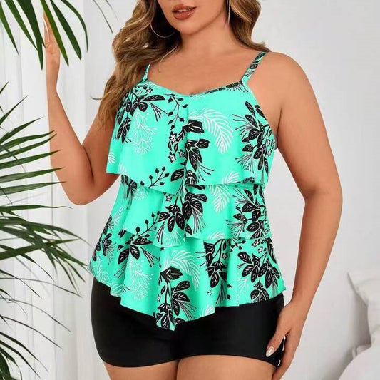 Plus Size Floral Tankini with Ruffled Trim