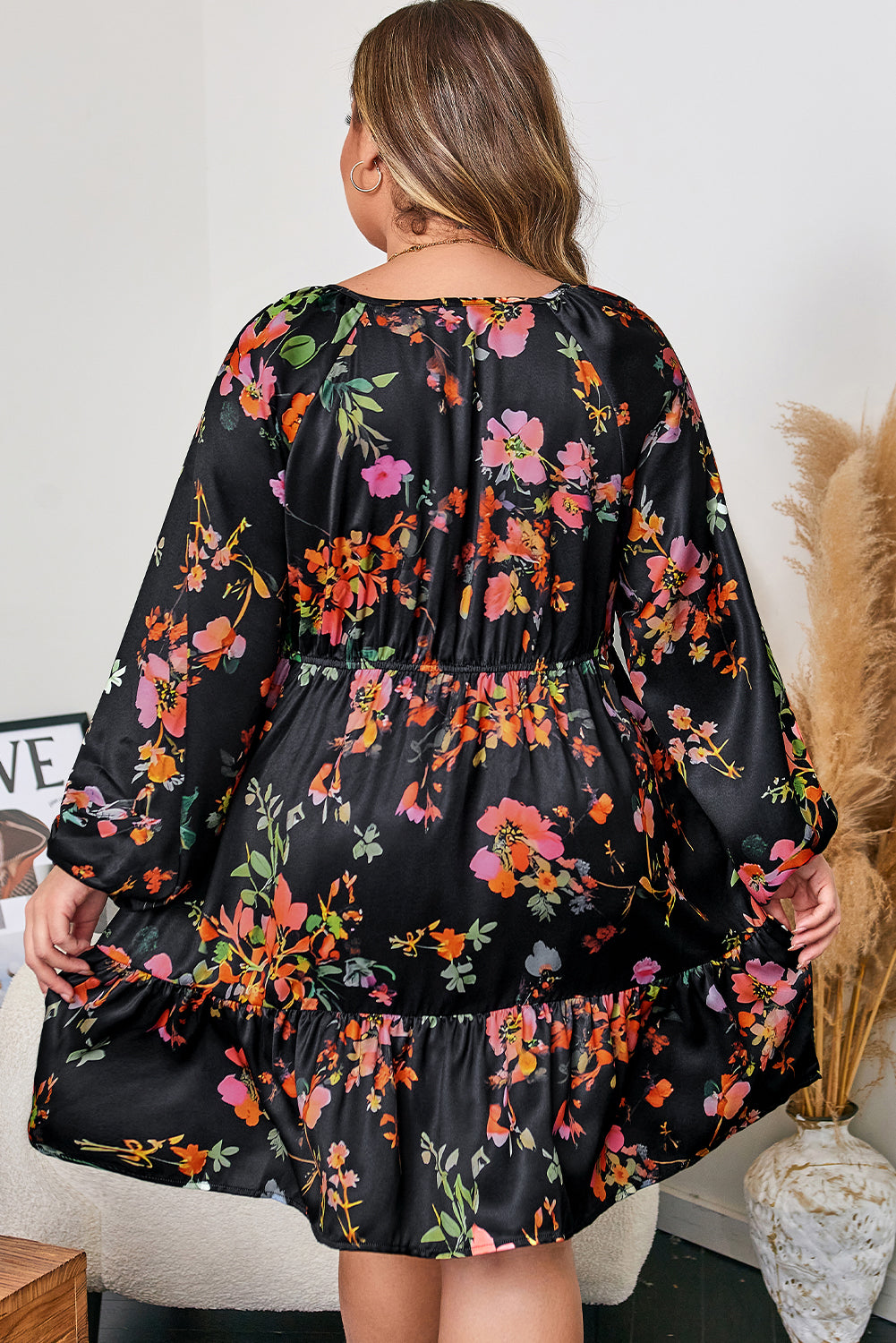 Plus Size Floral Tie Neck Cinched Waist Mini Dress - Plus Size XL-4XL - View 2