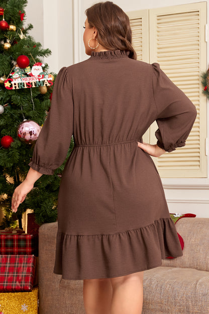 Plus Size Frilled Trim V Neck Puff Sleeve Mini Dress - Plus Size XL-4XL - View 2