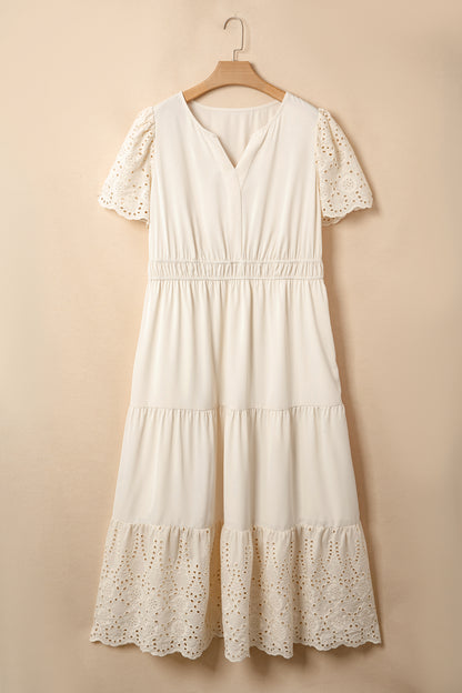 Plus Size V-Neck Lacy Embroidery Short Sleeve Maxi Dress - Plus Size Clothing