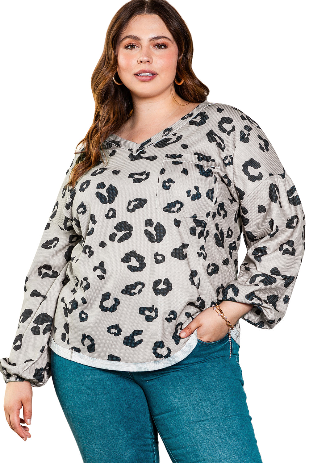 Plus Size Leopard Balloon Sleeve Thermal Top