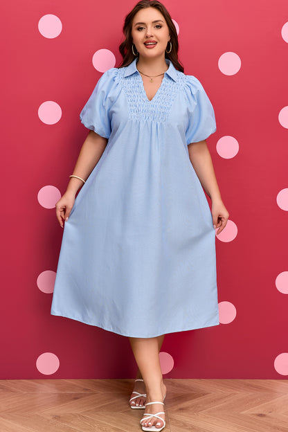 Plus Size Striped Shirred Collar V-Neck Midi Dress - Plus Size XL-4XL - View 4
