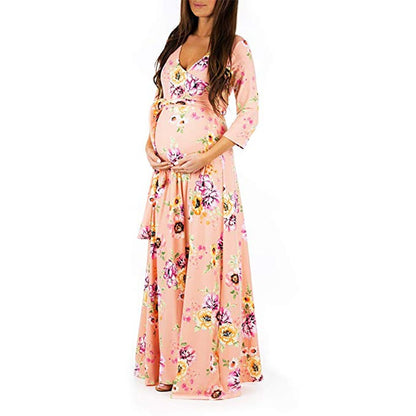 Cross deep V-neck waistband, waist cinched, 3/4 sleeves, floor mopping maternity dress, long dress - Plus Size Clothing