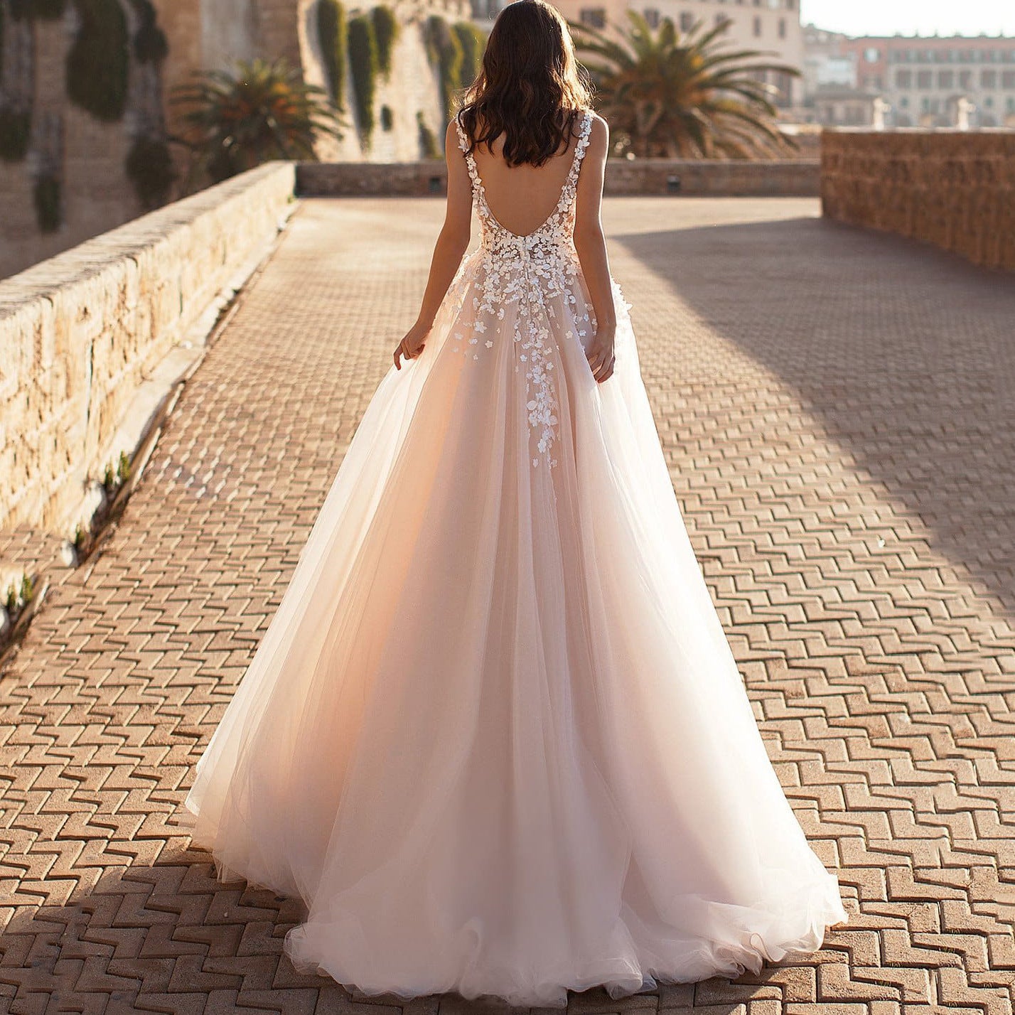 Plus Size Elegant Lace Sleeveless Deep V-Neck Wedding Dress