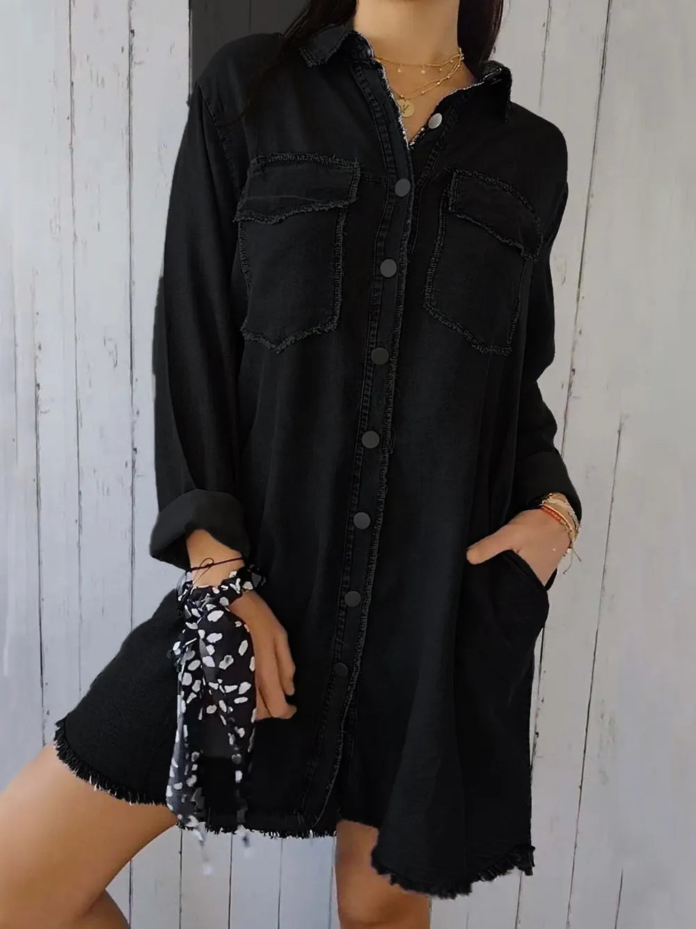 Plus Size Raw Hem Button Up Long Sleeve Denim Top