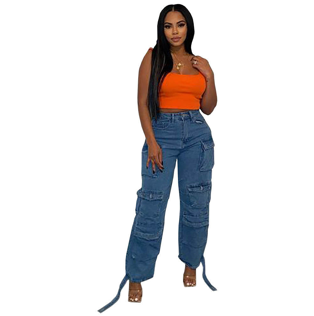 Plus Size Denim Cargo Pants with Multi-Pocket