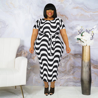 Plus Size Short Sleeve Striped Bandage Bodycon Dress - Plus Size Clothing