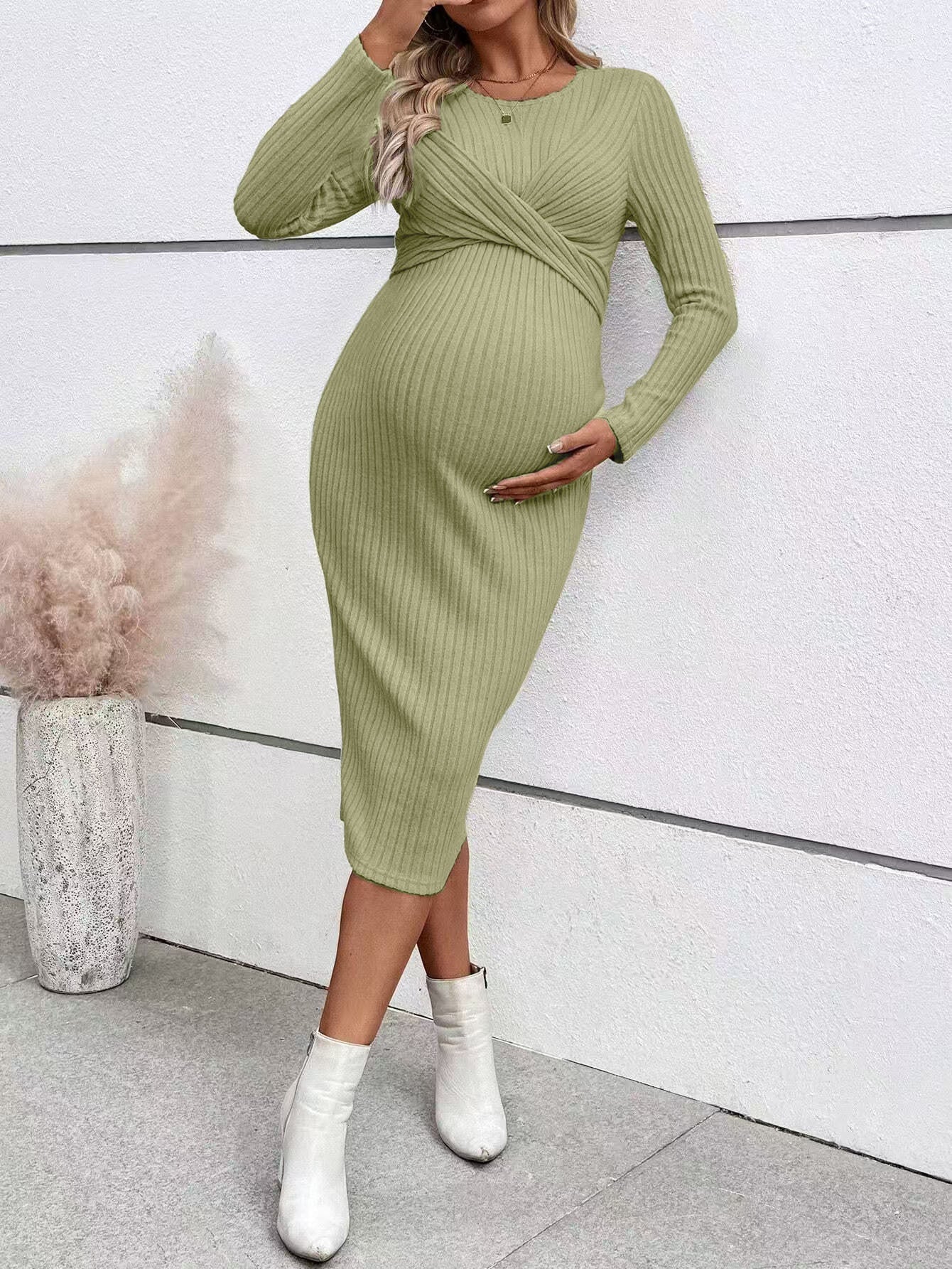 Plus Size Elegant Knot Maternity Dress Long Sleeve