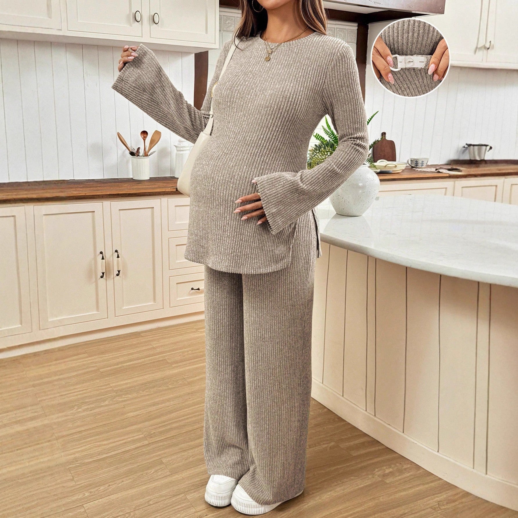 Flared Sleeve Side Slit Top with Knitted Maternity Pants Adjustable Waistband - Plus Size Clothing