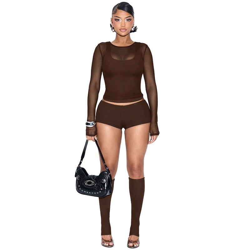 Plus Size Solid Color Mesh 4-Piece Set