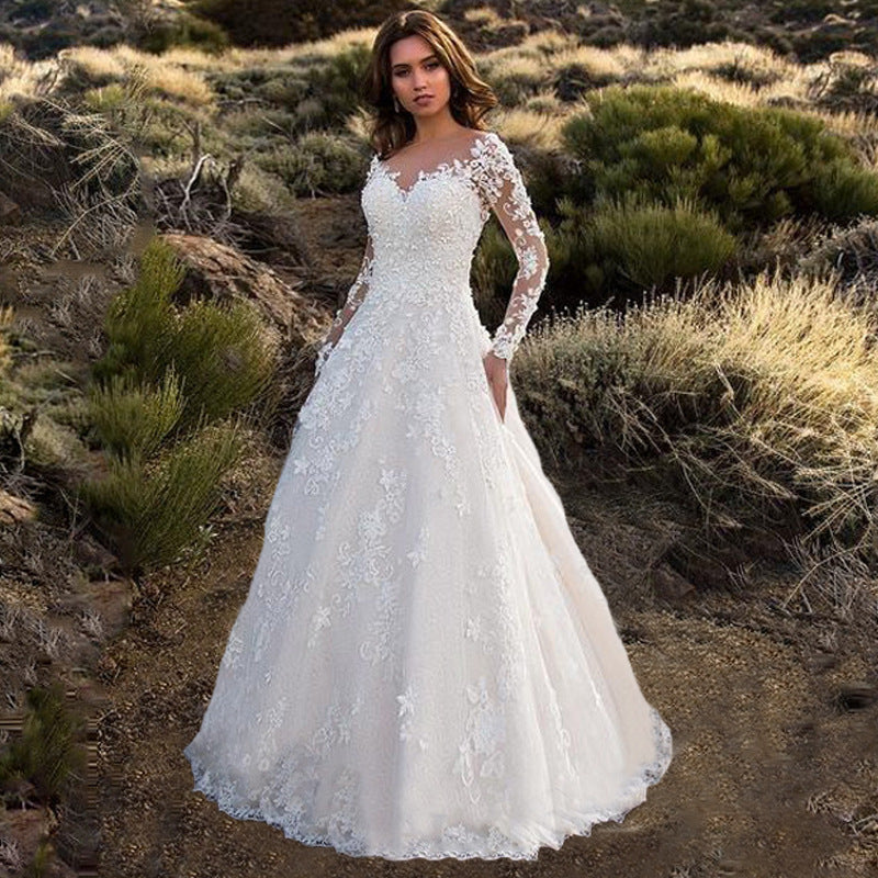 Plus Size Lace Long Sleeve One Shoulder Wedding Dress