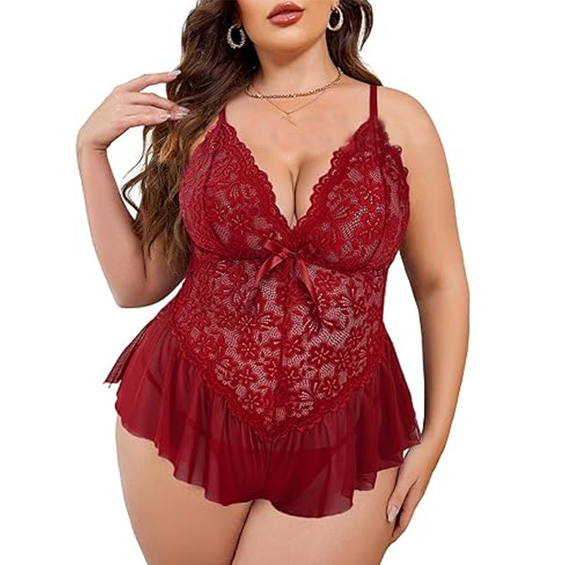 Plus Size Sexy Lace Deep V-Neck Sleepwear Dress