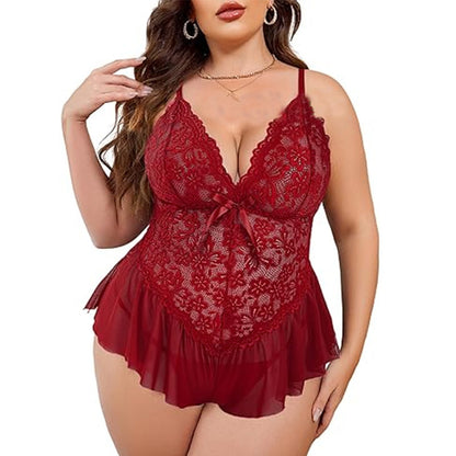 Plus Size Sexy Lace Deep V-Neck Sleepwear Dress — back view