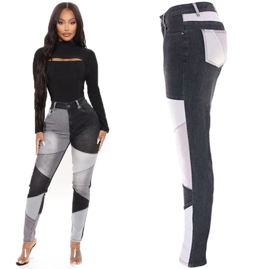 Plus Size High Waist Denim Splicing Skinny Pants — front view