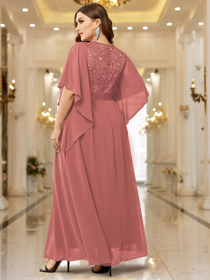 Elegant Lace-Trimmed Chiffon Maxi Dress with Butterfly Sleeves - Plus Size Clothing