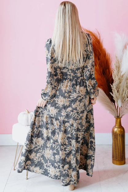 Plus Size Floral Split Neck Shirred High Waist Maxi Dress
