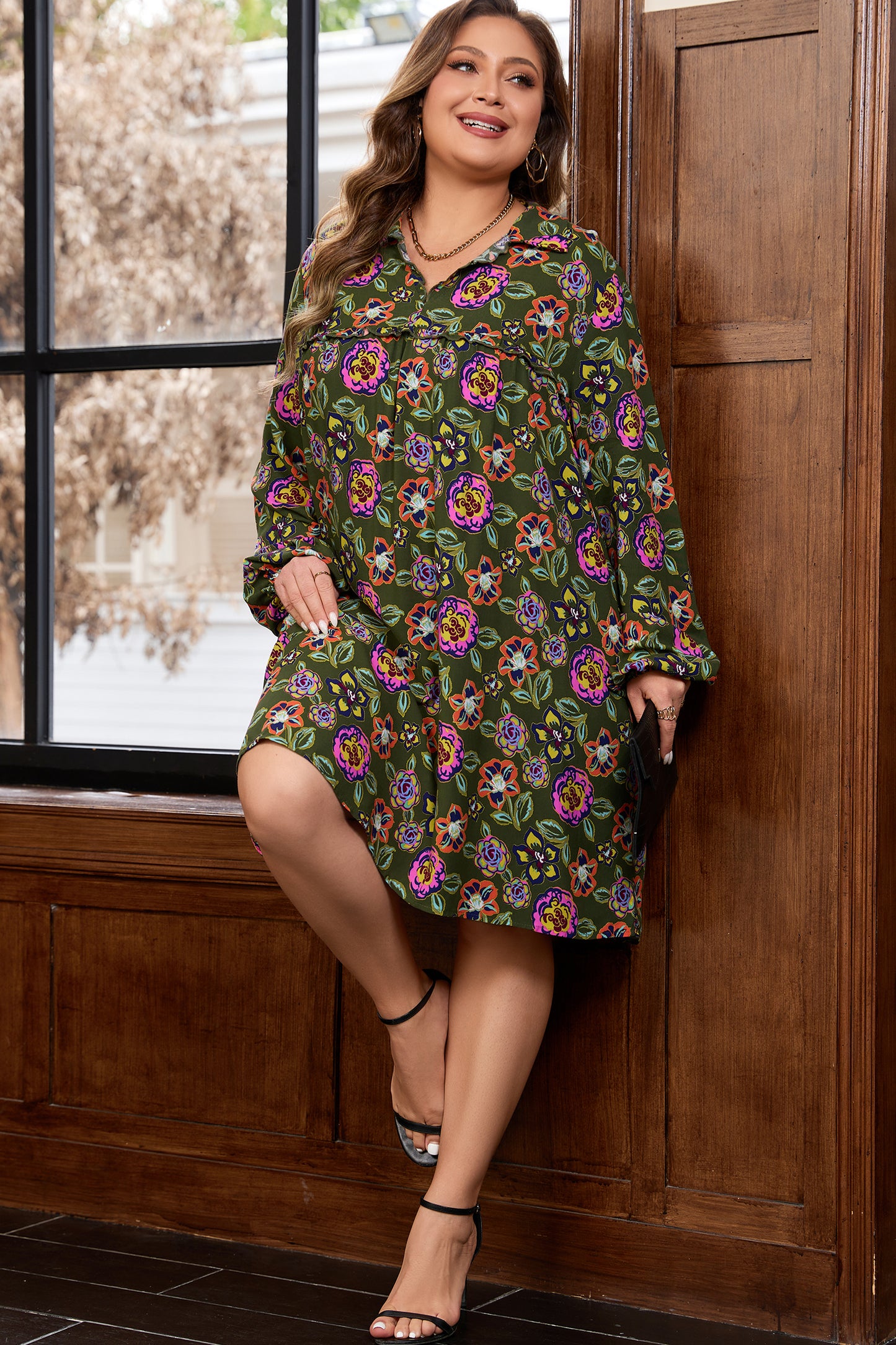 Plus Size Floral Print Collared V Neck Mini Dress