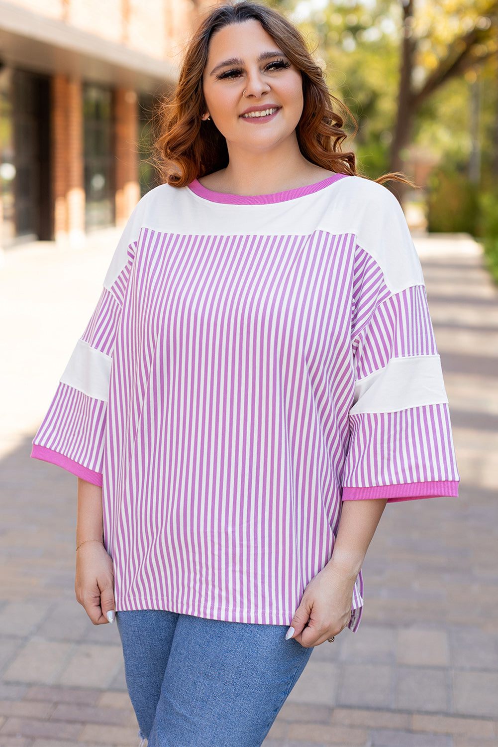 Plus Size Striped Patchwork Bracelet Sleeve T Shirt