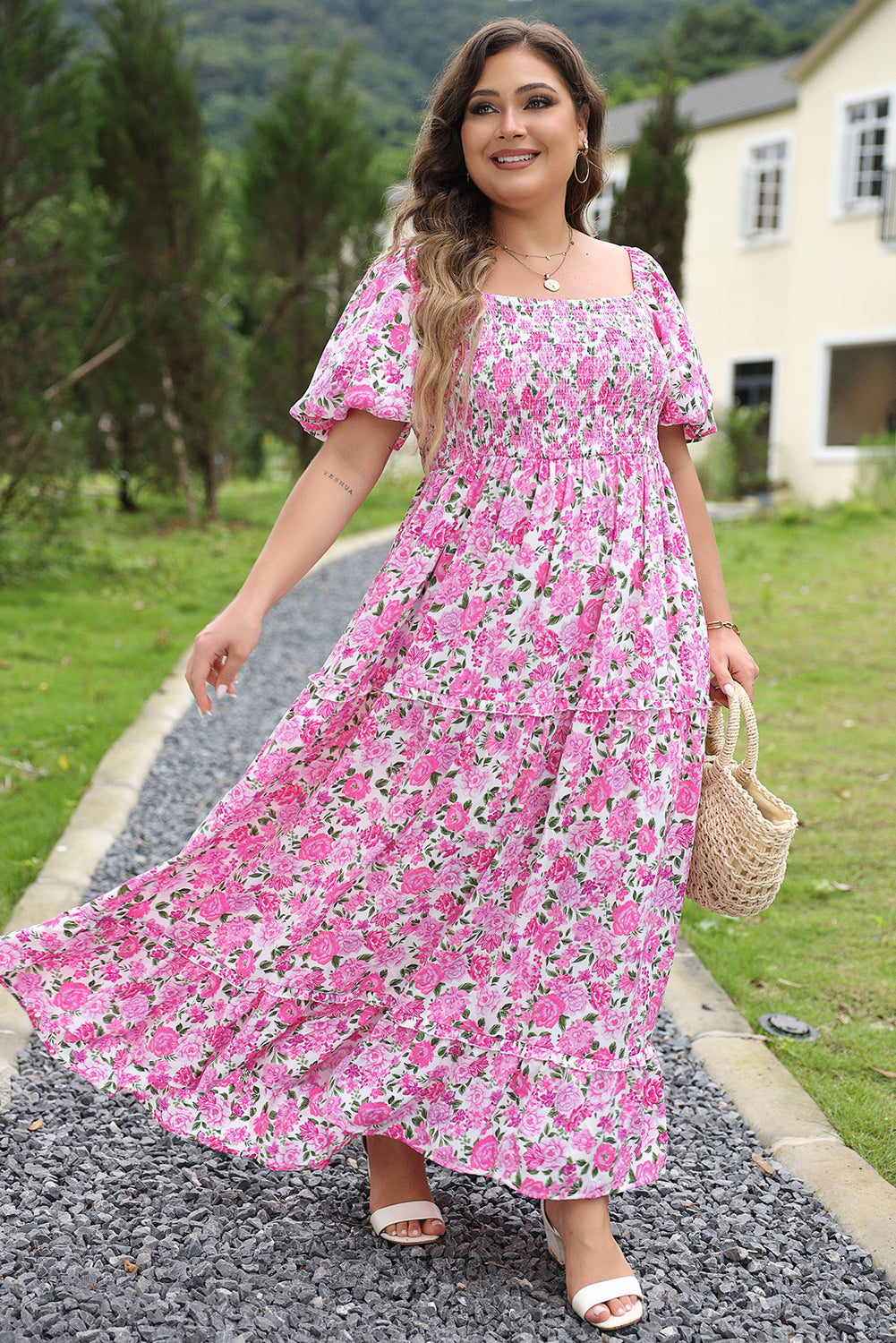 Plus Size Floral Print Smocked Puff Sleeve Dress