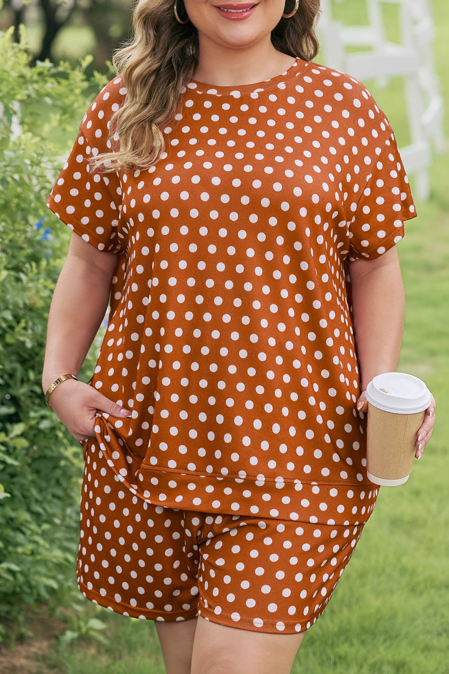 Plus Size Polka Dot Dropped Shoulder Tee Short Set - Plus Size XL-4XL - View 7