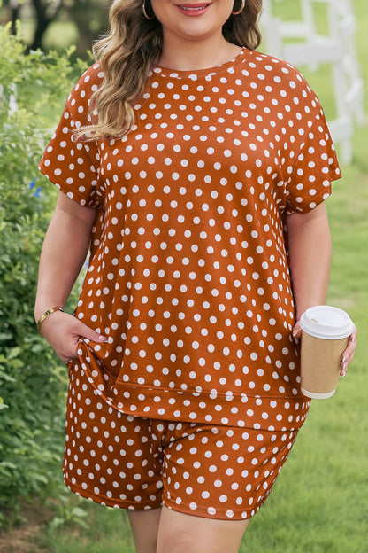 Plus Size Polka Dot Dropped Shoulder Tee Short Set - Plus Size XL-4XL - View 7