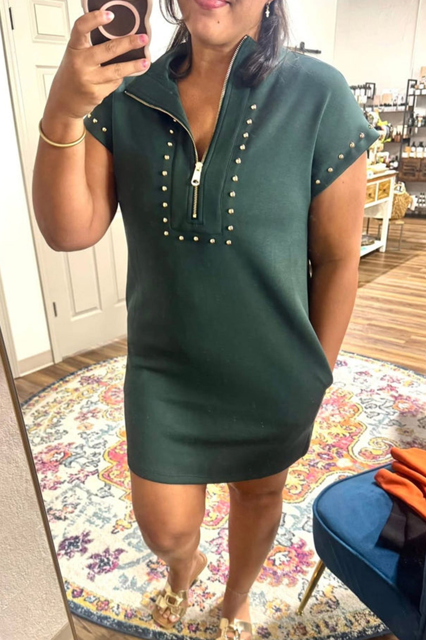 Plus Size Glow Studded Zip-up T Shirt Dress with Pockets - Plus Size XL-4XL - View 1