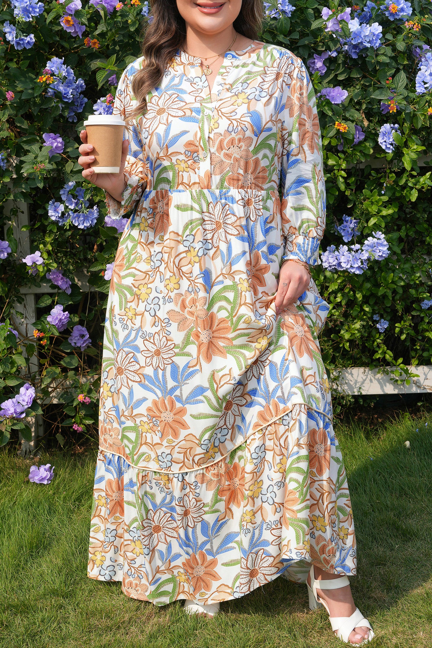 Plus Size Khaki Floral Tiered Midi Dress 3/4 Sleeve
