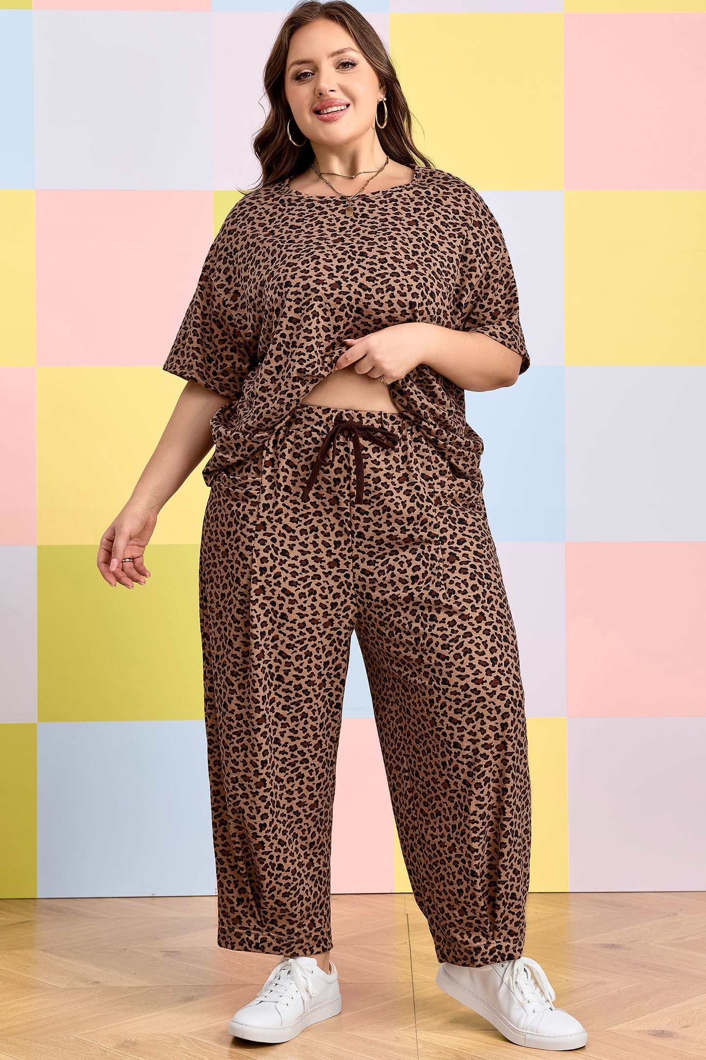 Plus Size Leopard Loose Top Pleated Pants Set - Plus Size XL-4XL - View 6