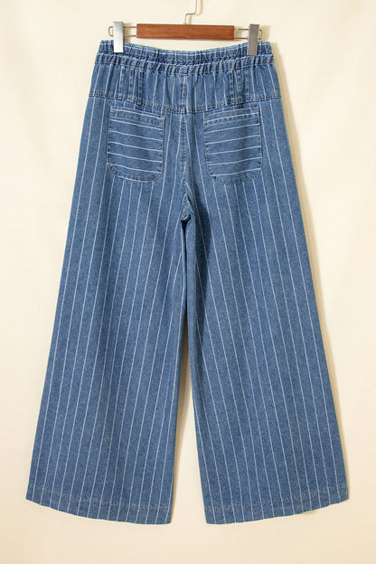 Plus Size Striped Buttoned Wide Leg Denim Pants
