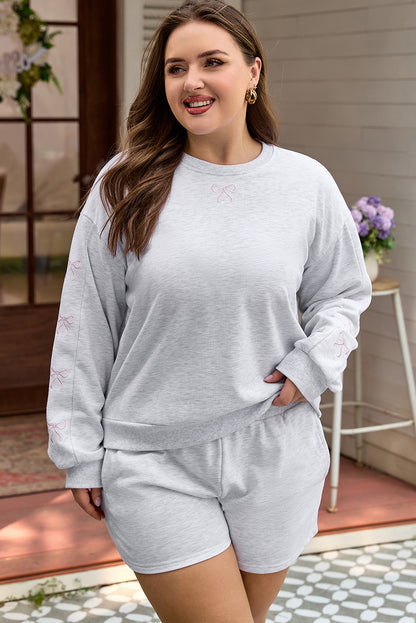 Plus Size Bow Embroidered Puff Sleeve Shorts Set - Plus Size XL-4XL - View 4
