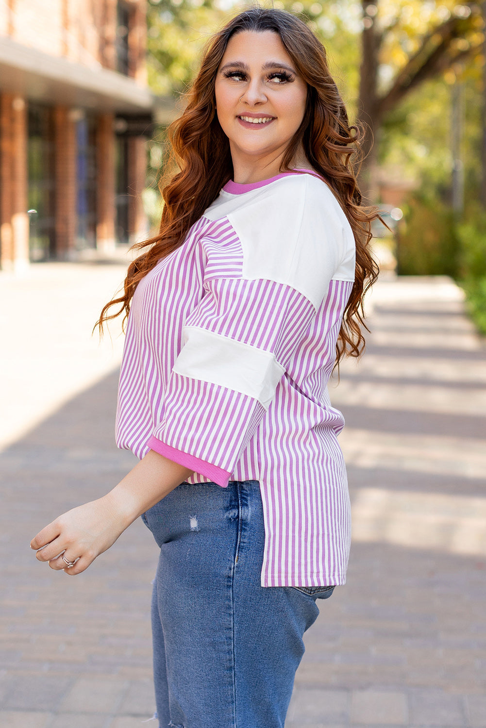 Plus Size Striped Patchwork Bracelet Sleeve T Shirt